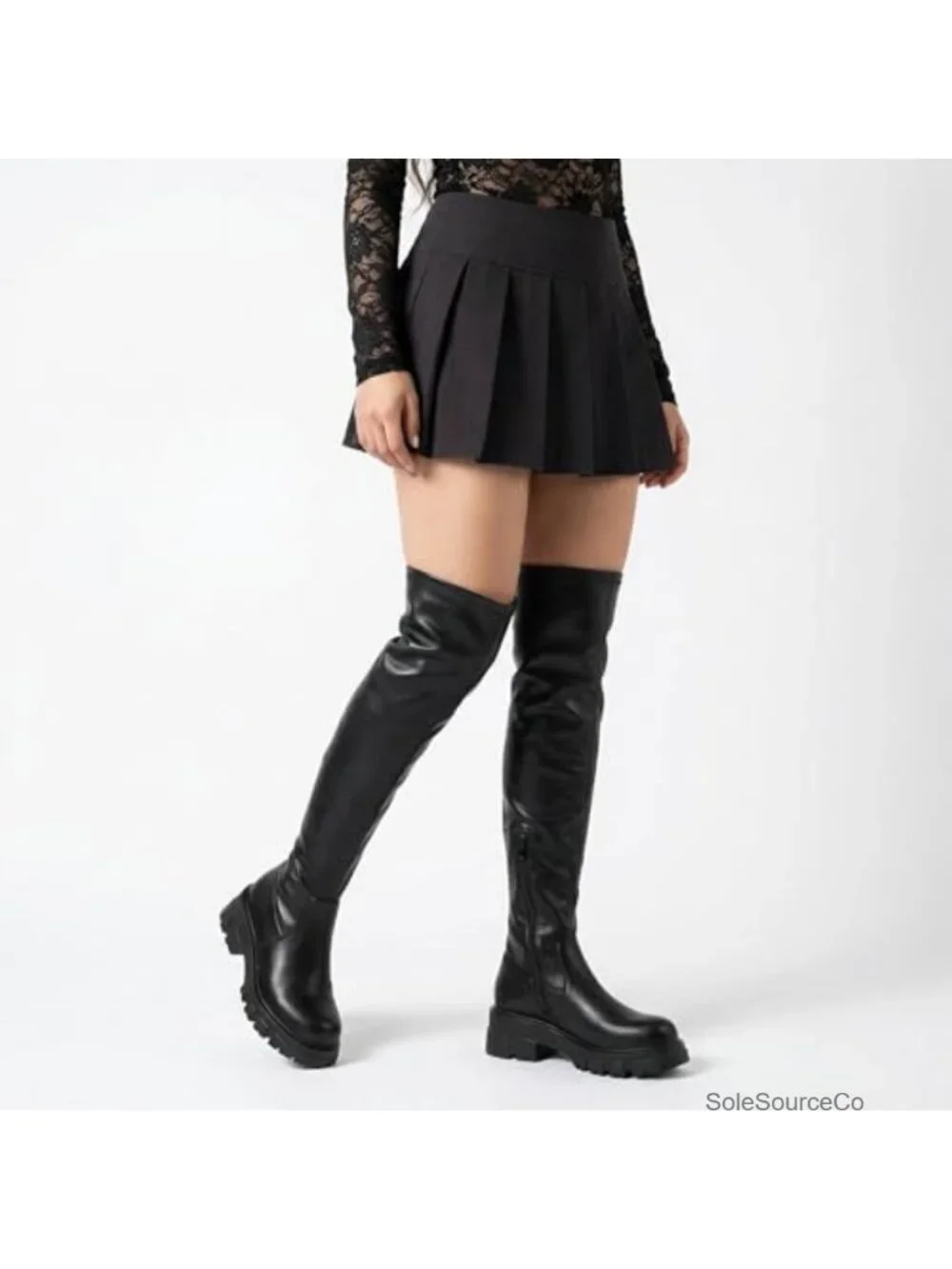 Over the Knee Thigh High Boots Faux Leather Chunky Lug Sole Low Heel Side Zipper